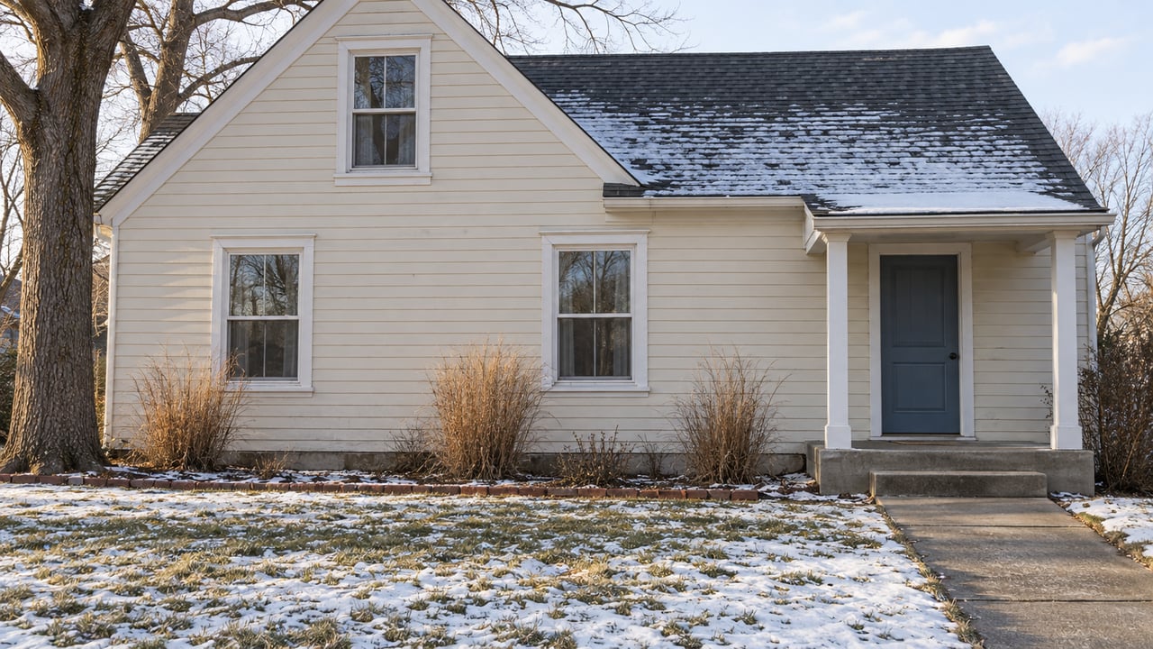 Cream clapboard cottage with a blue entry door, cleared concrete walk, and patchy winter snow beneath a bare oak.