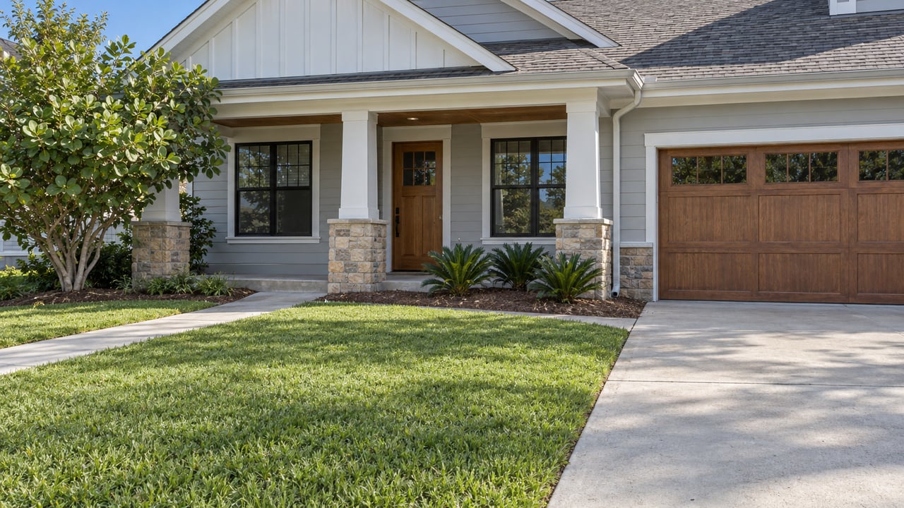 Pale-gray gabled home with a sheltered wood entry, stone-based porch posts, cedar-toned garage door and a modest green front lawn.
