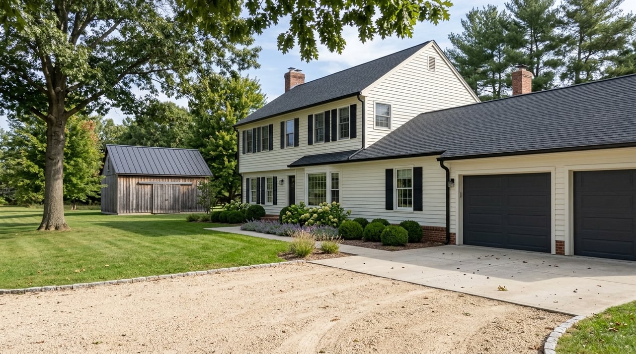 Colonial farmhouse beside a barn, with a curving driveway and plantings.