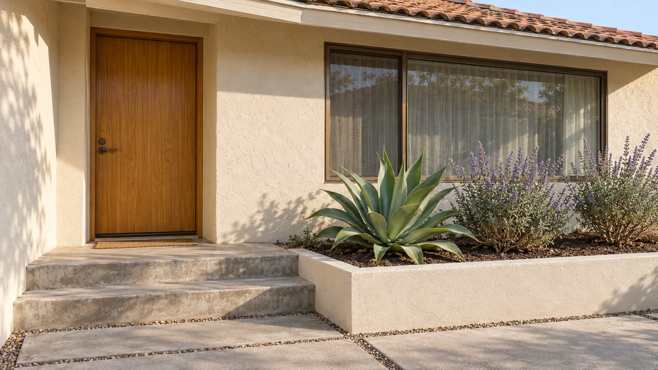 Sunlit ivory stucco home with a timber entry door, bronze-framed window, worn concrete steps and sculptural drought-aware planting.
