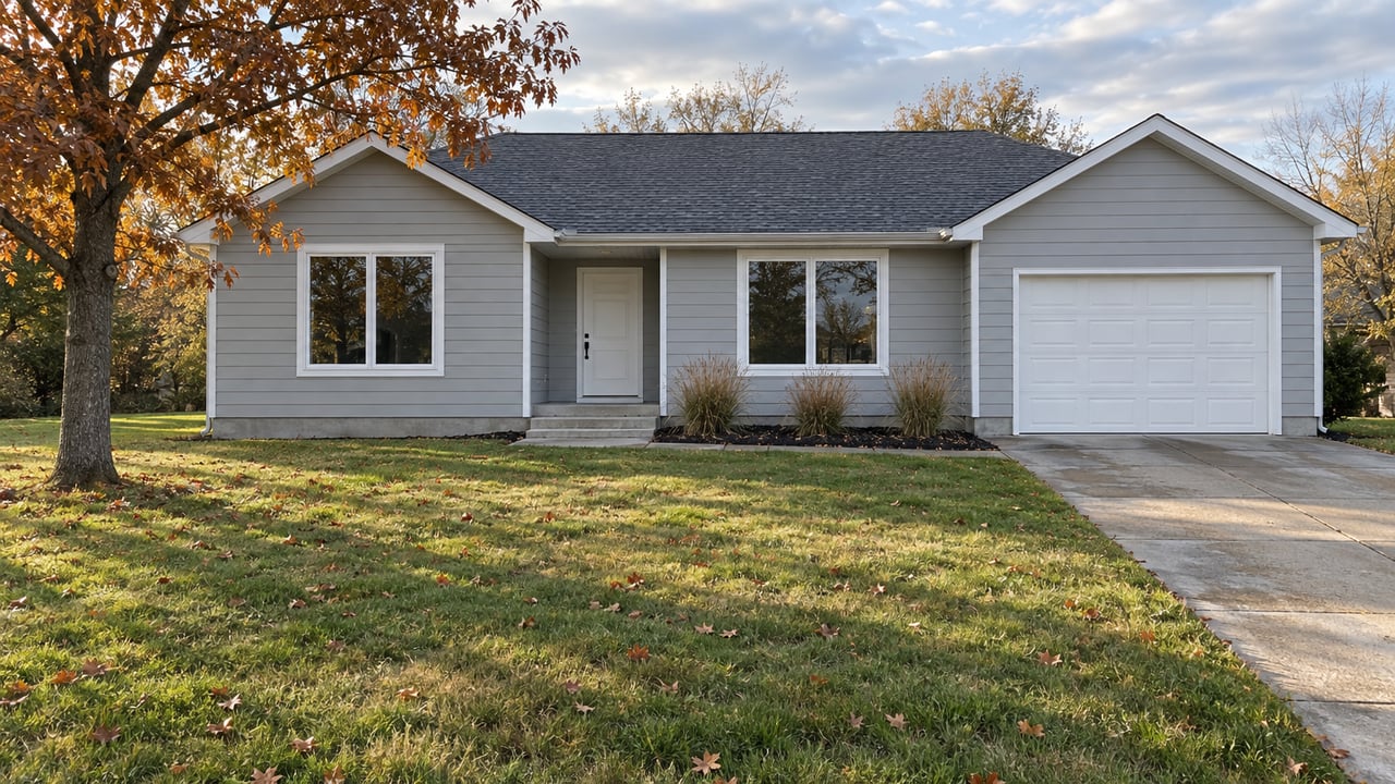 Light-gray gabled home beyond a deep autumn lawn, with a russet-leaved oak and a clear concrete entry walk.
