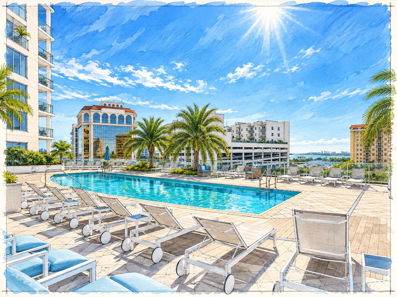 Rooftop pool deck with loungers, palm trees, high-rise buildings, and a distant bay view.