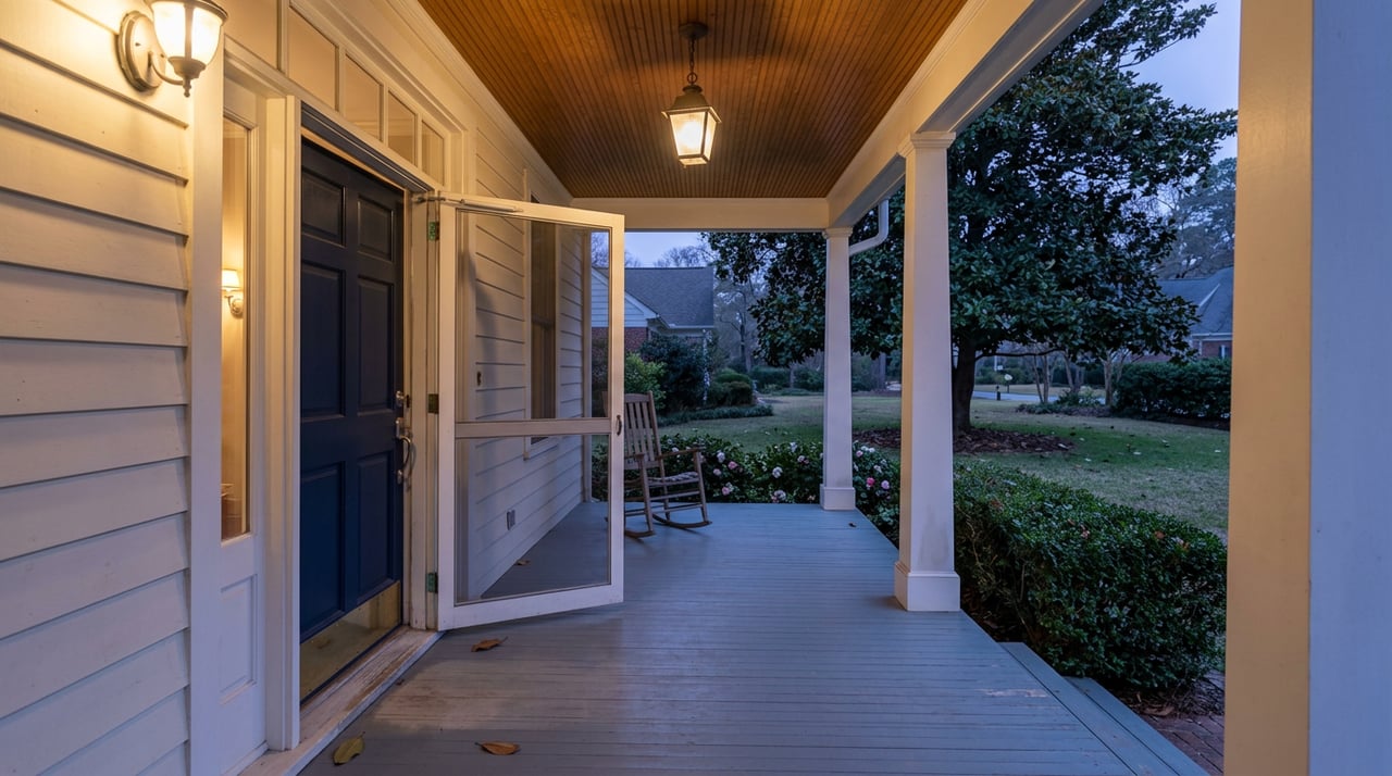 Open navy door frames a twilight yard, with a rocking chair beneath a magnolia canopy and warm porch lights.