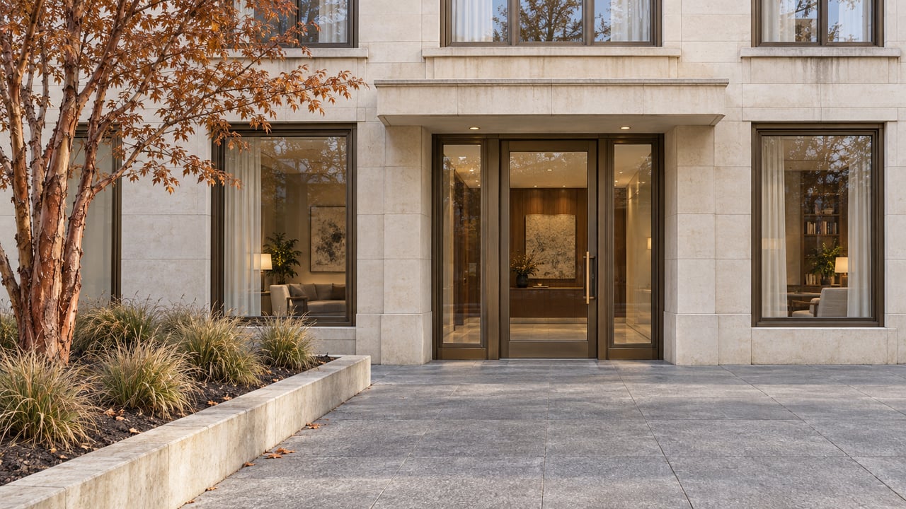 Limestone condominium entrance with bronze-framed glass doors, granite paving and a copper-leaved paperbark maple.