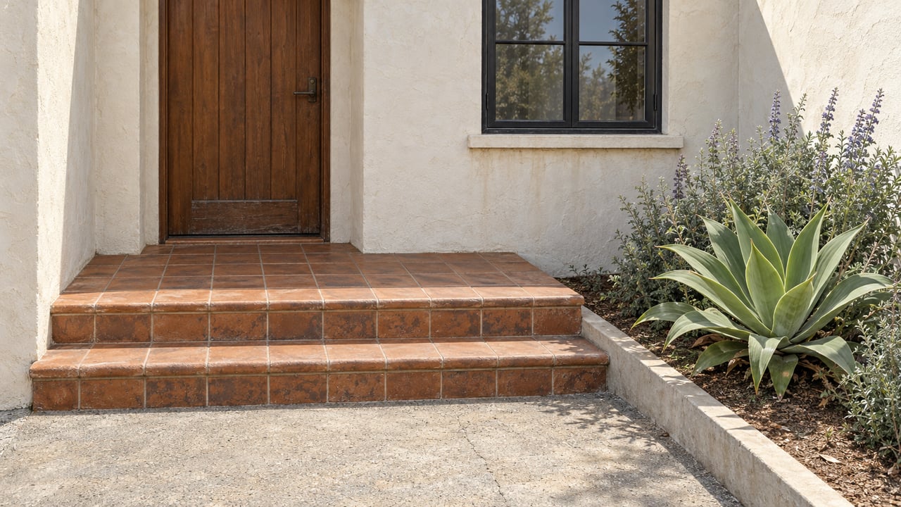 Elevated view of a cream stucco home entrance with a walnut door, steel casement window, worn terracotta steps and a small agave and sage bed.