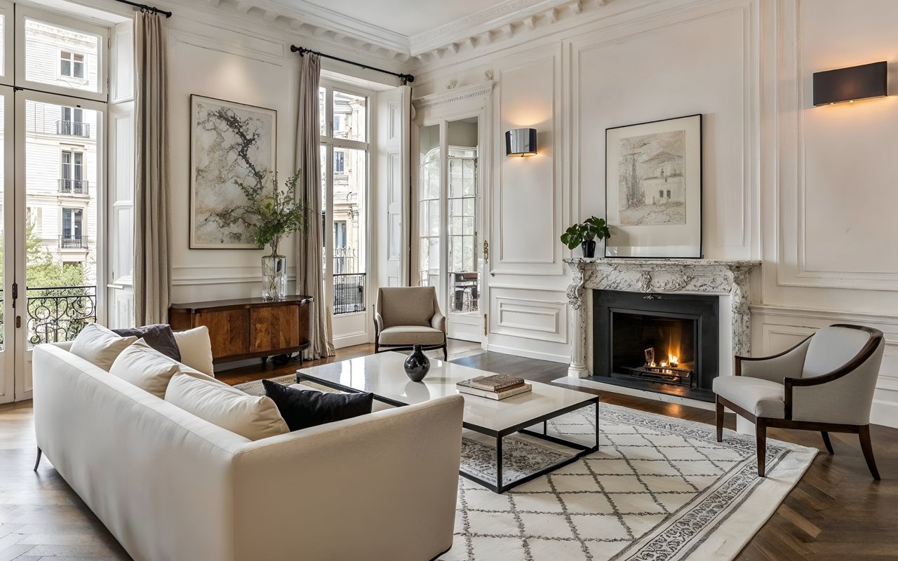 Elegant living room with a marble fireplace, tall windows, and ornate white moldings.
