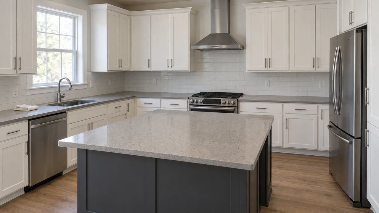 Modest white-shaker kitchen with a charcoal island, stainless range, and closed window above the sink.