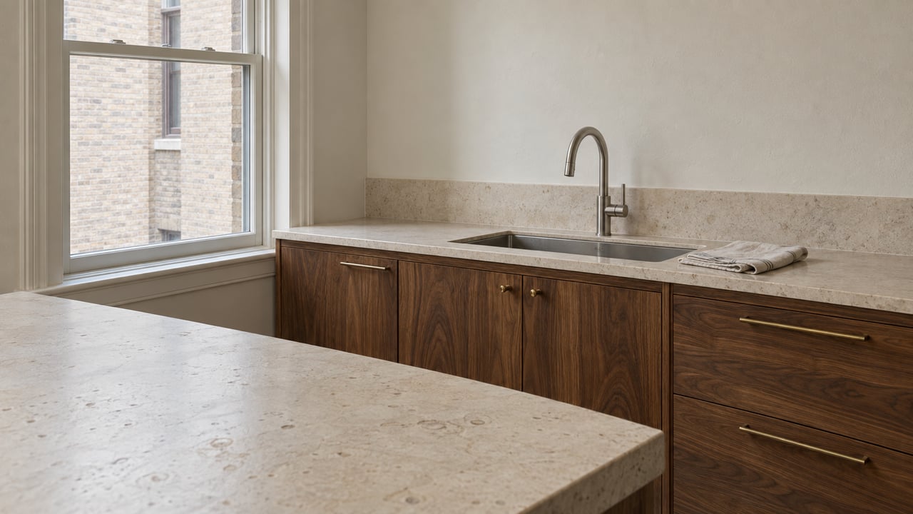 Pale limestone peninsula and walnut cabinets in a compact kitchen, with a sink beneath a glazed window.