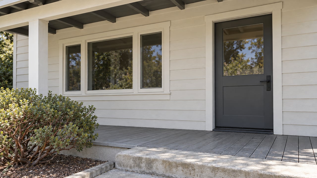 Close exterior view of a renovated porch with off-white wood siding, a charcoal glazed door, painted timber framing and a manzanita beside the concrete step.