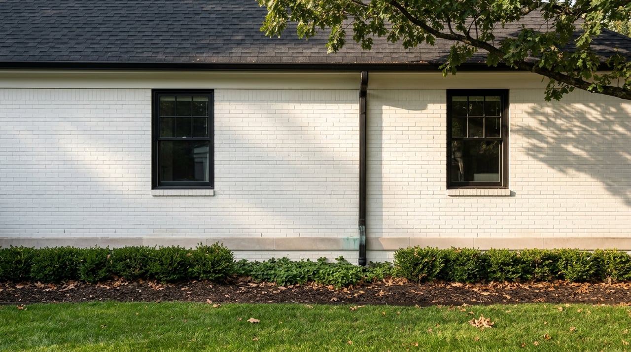 White-painted brick house with black windows beneath an overhanging oak canopy, bordered by a clipped hedge and lawn.