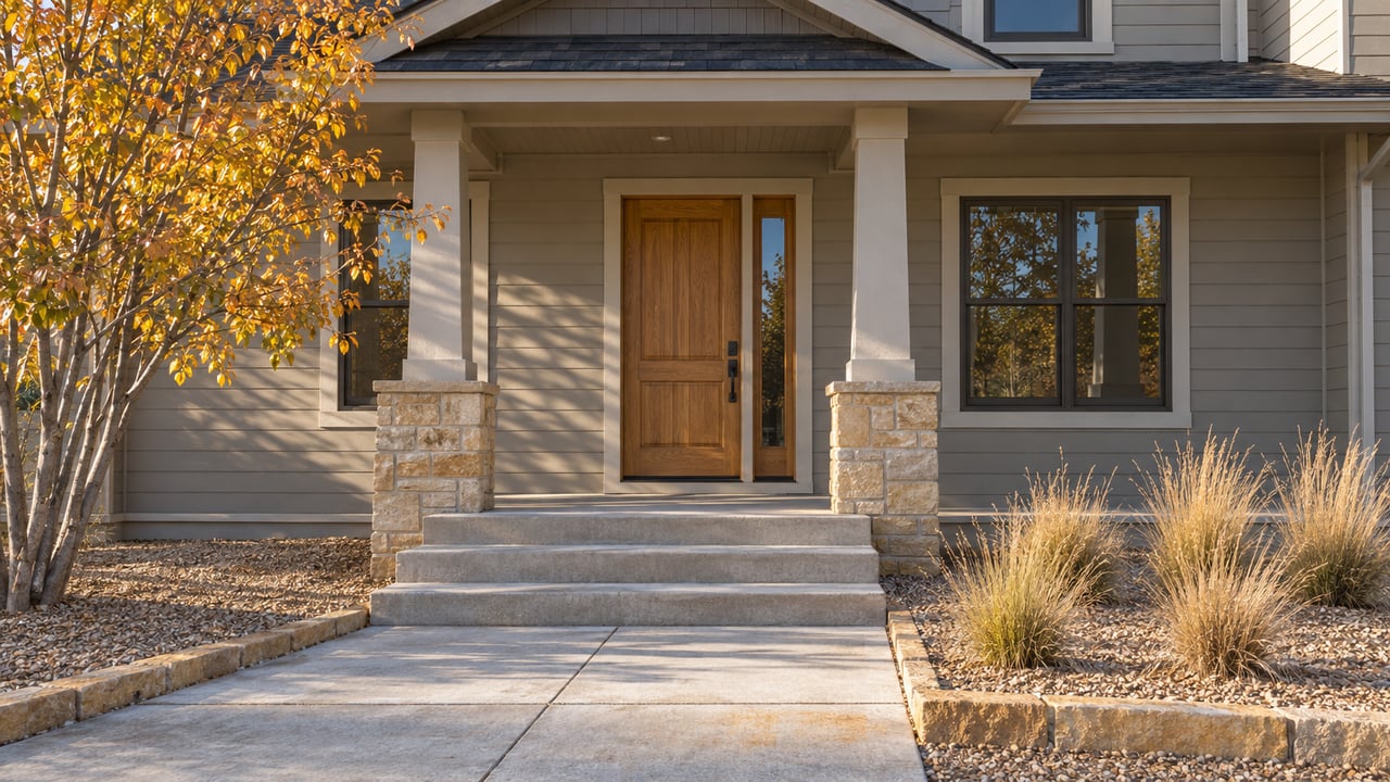 Morning light on a gray-sided home's covered entry, sandstone porch piers, concrete steps and copper-yellow serviceberry leaves.