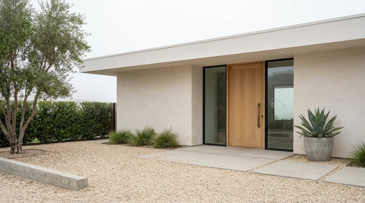 Single-story plaster home with an oak entry door, gravel motorcourt, clipped hedge, and olive tree.