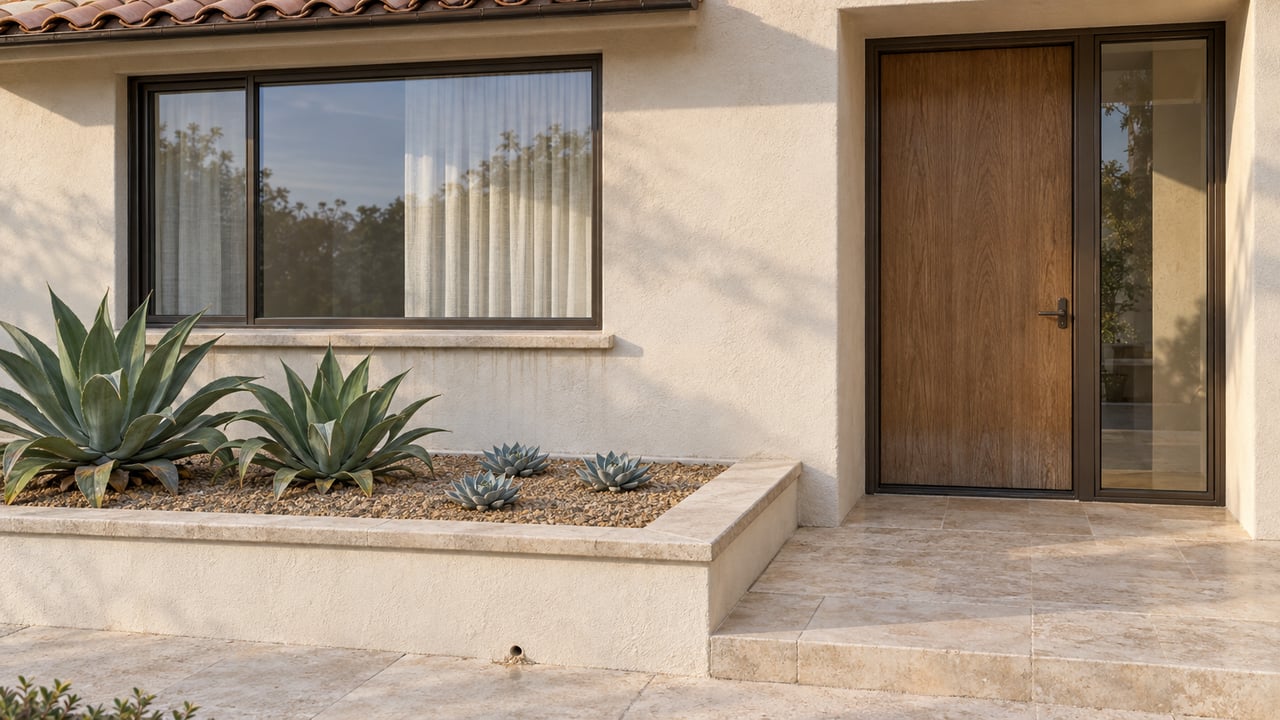 Sunlit ivory stucco entry with a recessed oak door, bronze-framed glazing, limestone paving and sculptural succulents in a raised planter.