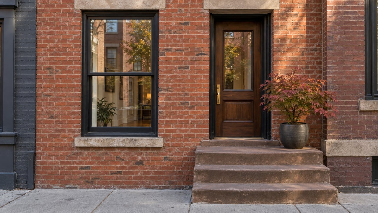 Sunlit red-brick rowhome entrance with a walnut door, tall black-framed sash window, worn brownstone steps and a potted Japanese maple.