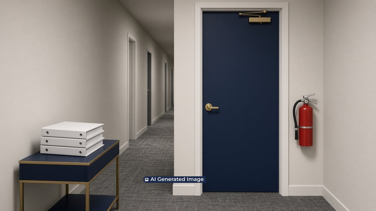 A navy condo unit door with a brass door closer in a quiet hallway, a fire extinguisher and binders nearby.