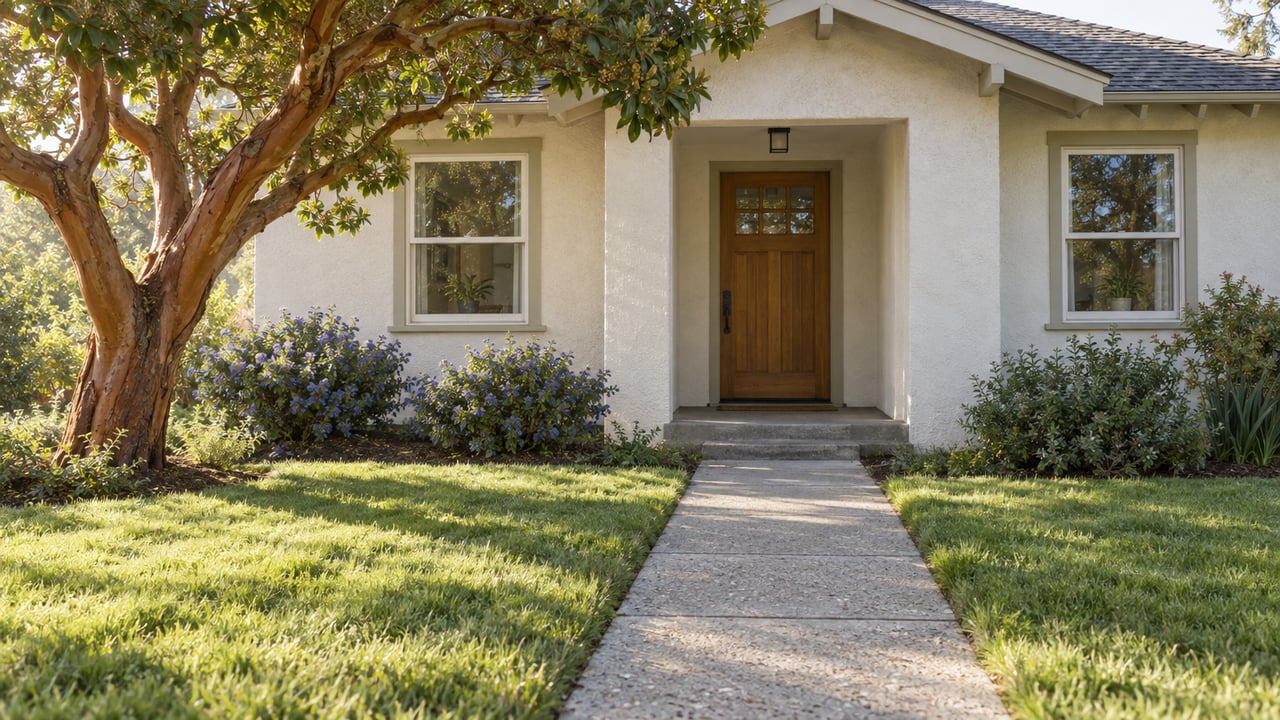 Off-white stucco house with a recessed timber door, flanking windows, and a garden path beneath an arbutus tree.