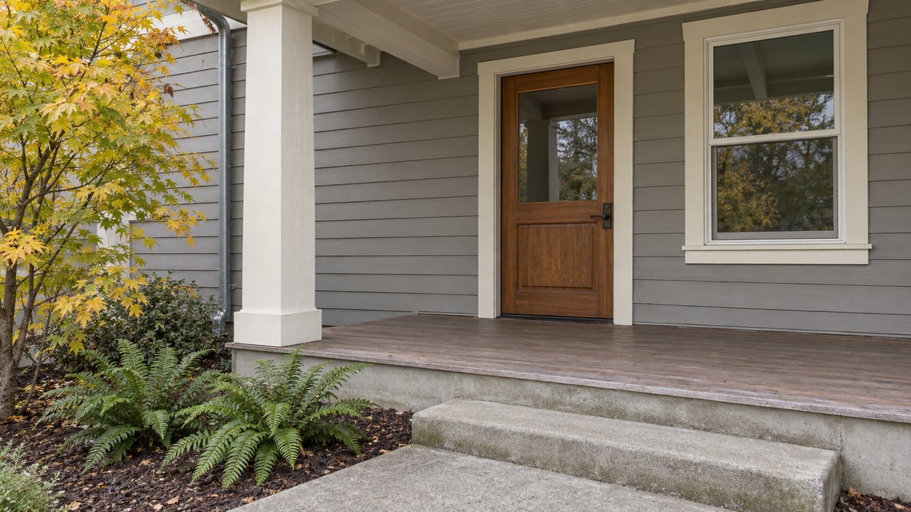 Covered entry of a modest home with warm-gray wood siding, a fir door, weathered porch decking and concrete steps beside vine maple and sword ferns.