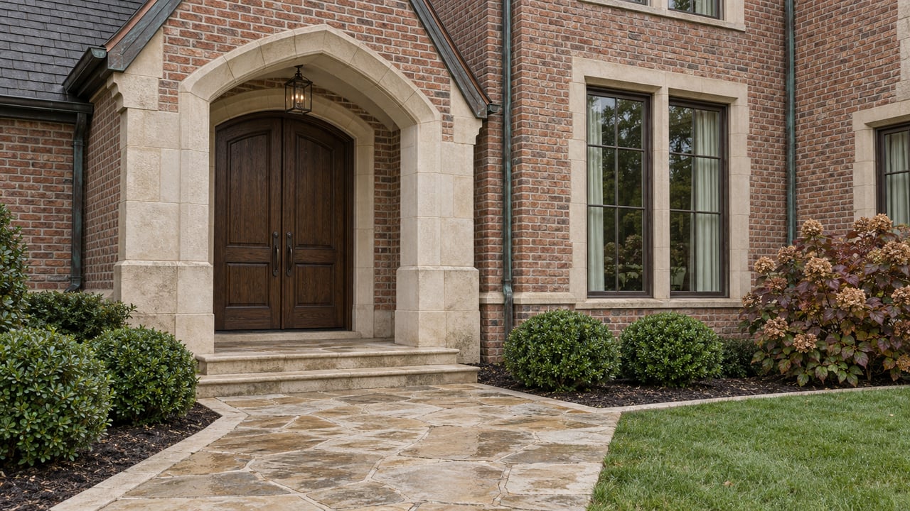 Brick home with a limestone arched double-door entrance, tall paired windows and rain-darkened stone steps bordered by clipped shrubs.