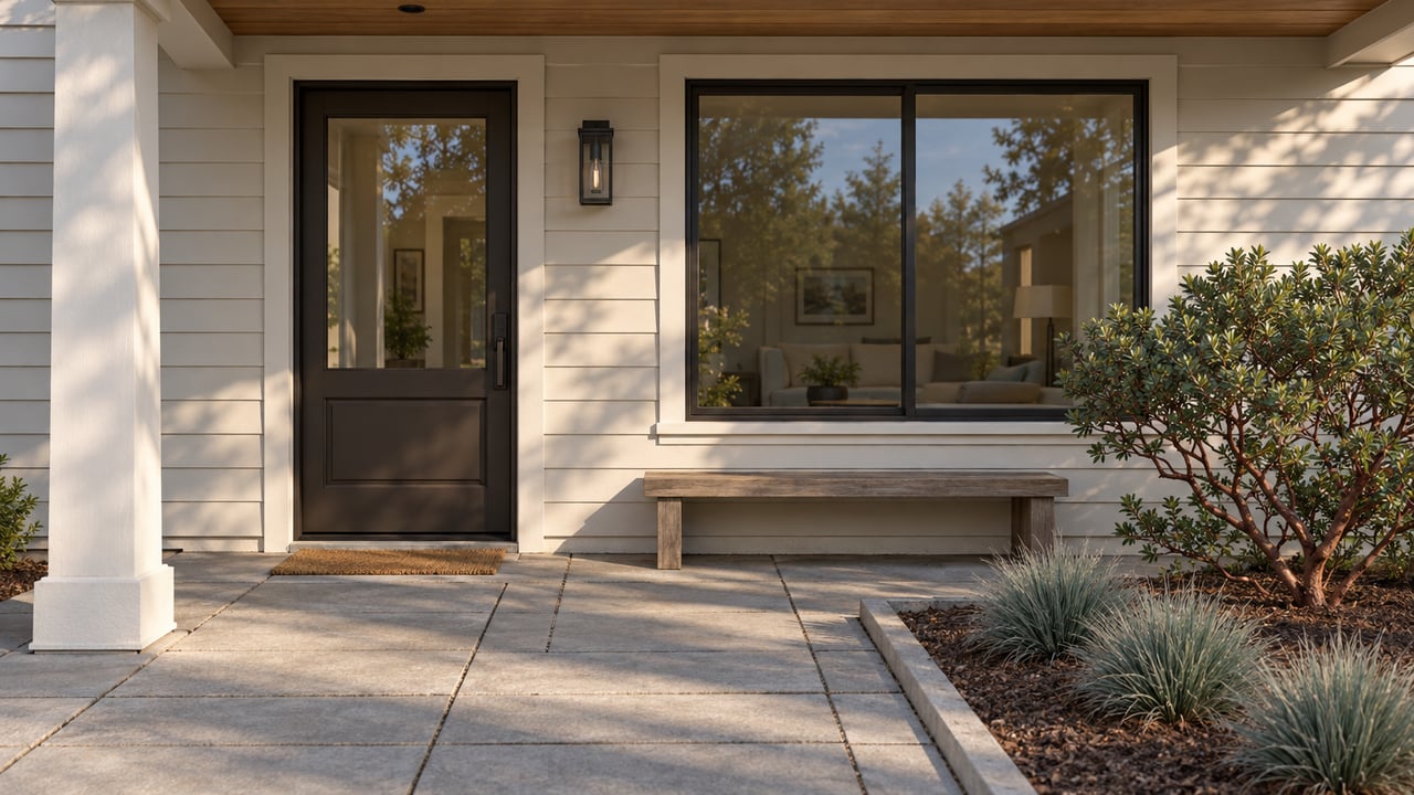 Covered entry of an updated house with cream clapboard, dark framed glazing, cedar bench and a compact planted patio.