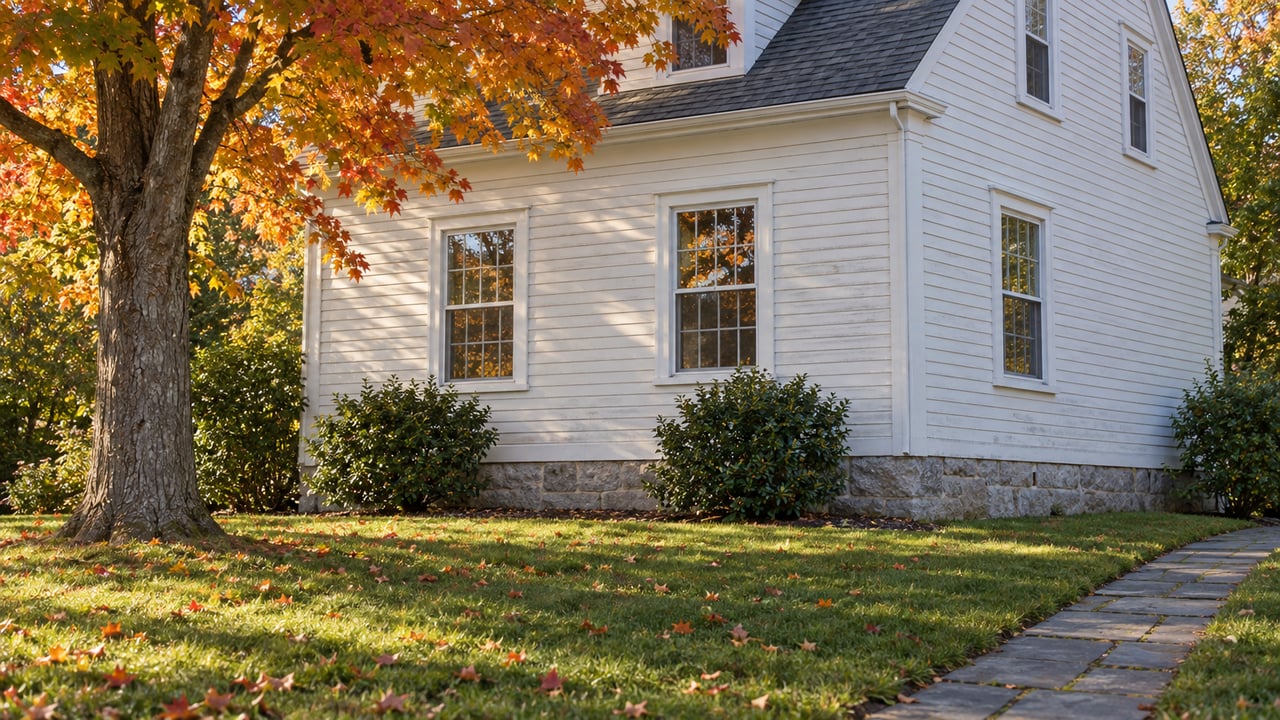 Warm-white clapboard house with a slate-gray roof, bluestone path, and amber-red maple tree.