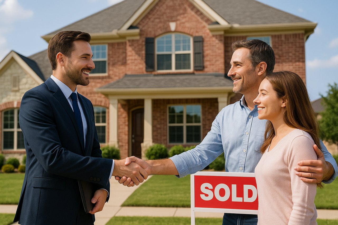 Smiling realtor shaking hands with a happy couple in front of a brick North Texas home with a sold sign in the yard.
