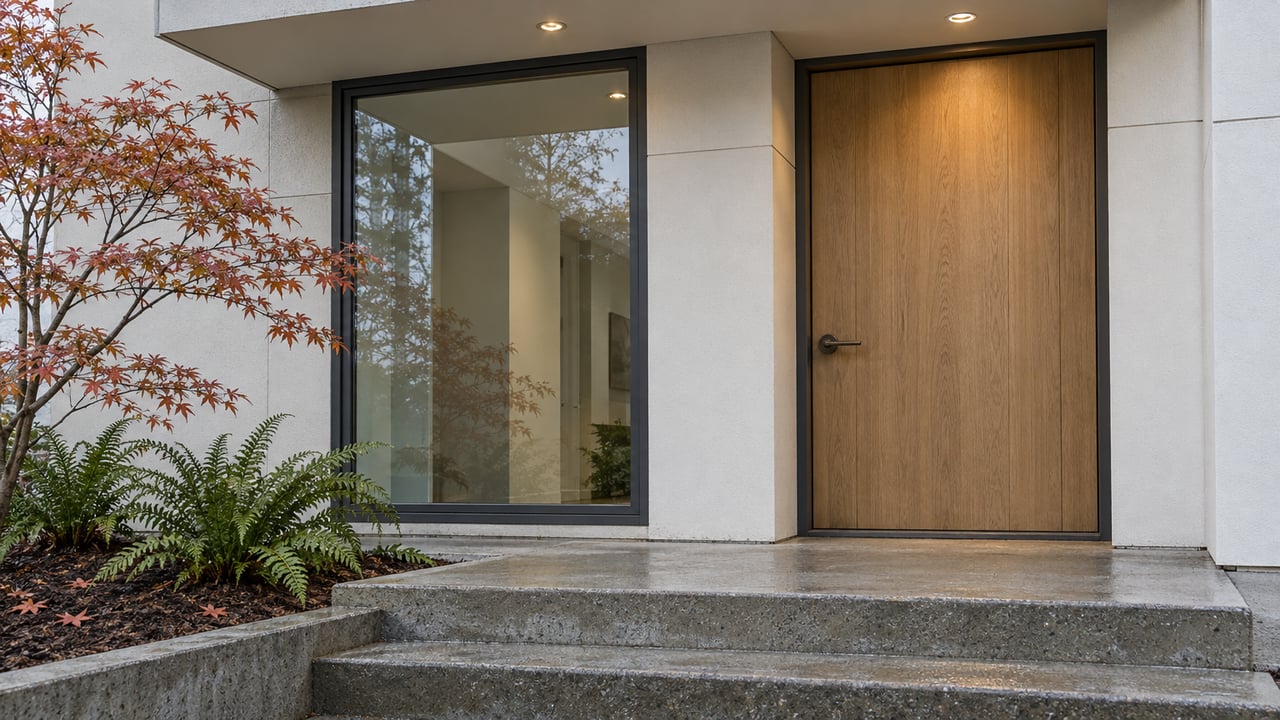 Contemporary covered home entry with an oak door, charcoal-framed window, damp concrete steps and copper-red maple leaves.
