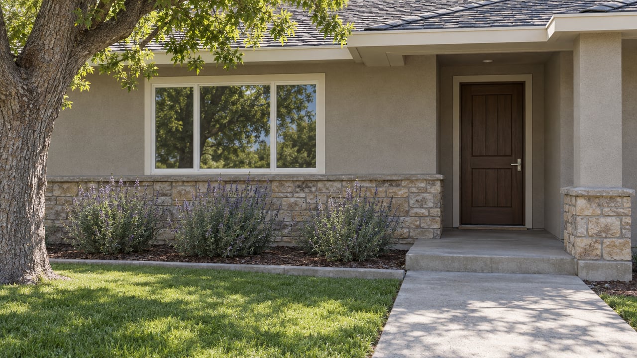 Midday sunlight on a recessed ranch home entry, textured stucco, stone wainscot and concrete approach beside a mature oak.