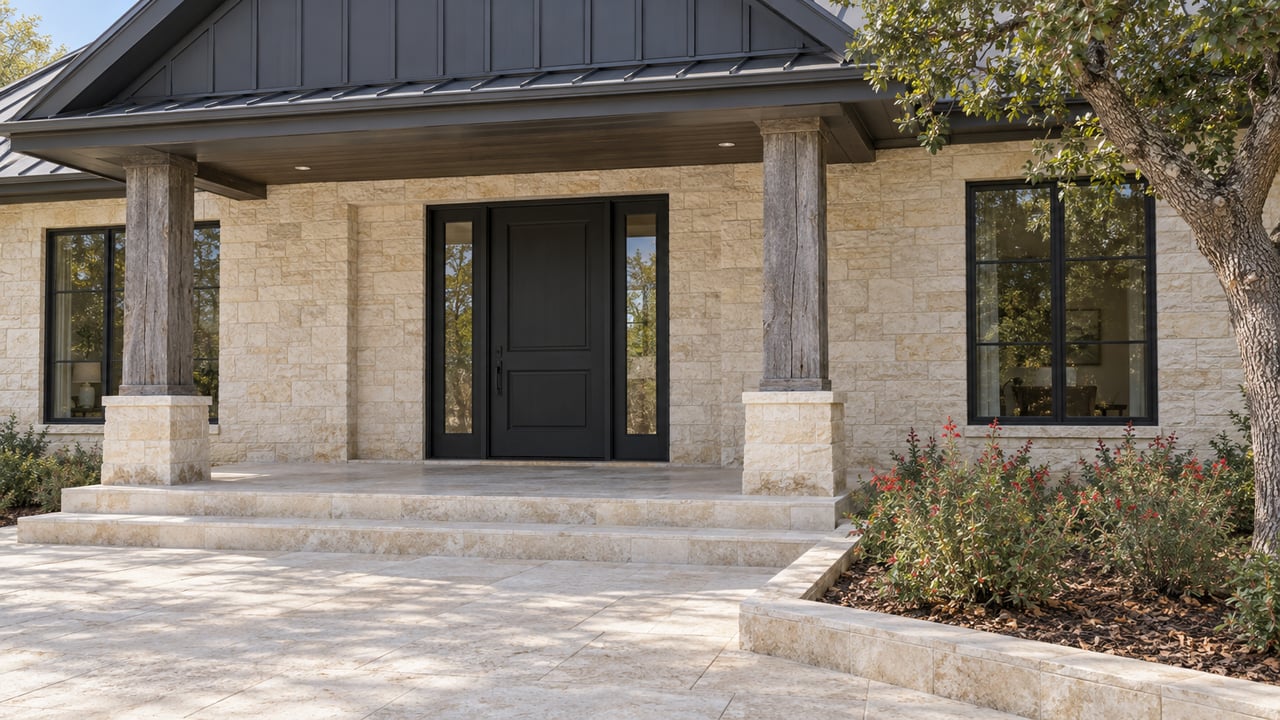 Limestone home with a timber-supported porch, paired glazed sidelights, dark metal roof and stone approach beside a live oak.