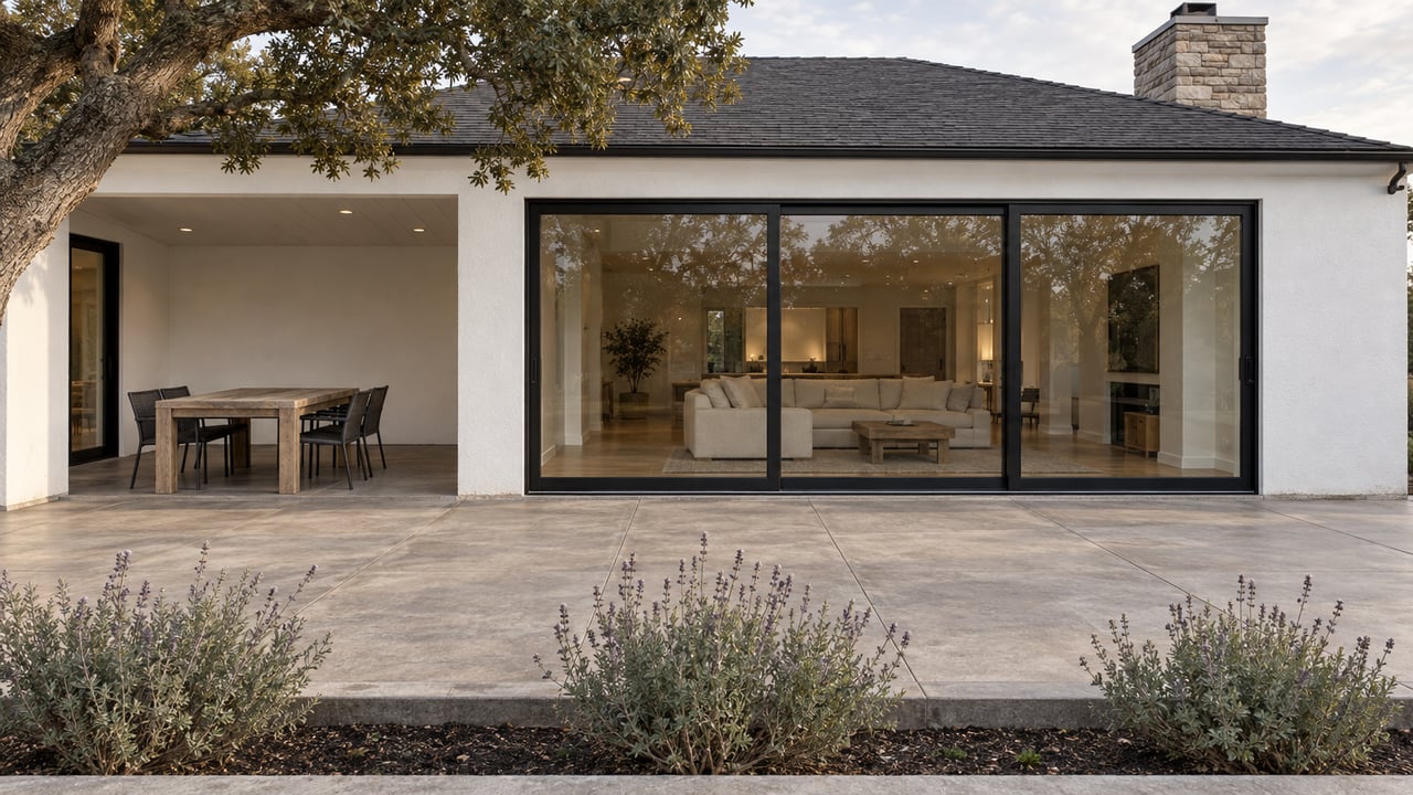 White stucco home with black-framed glass doors, a stone chimney and a furnished covered terrace beside a mature oak.
