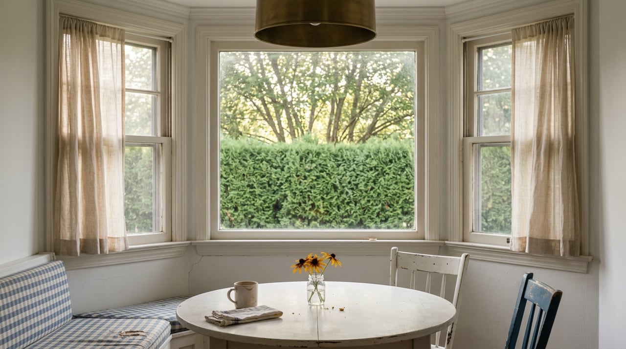 Breakfast nook with a round white table, blue-check bench cushion, mismatched chairs, and a three-window bay.