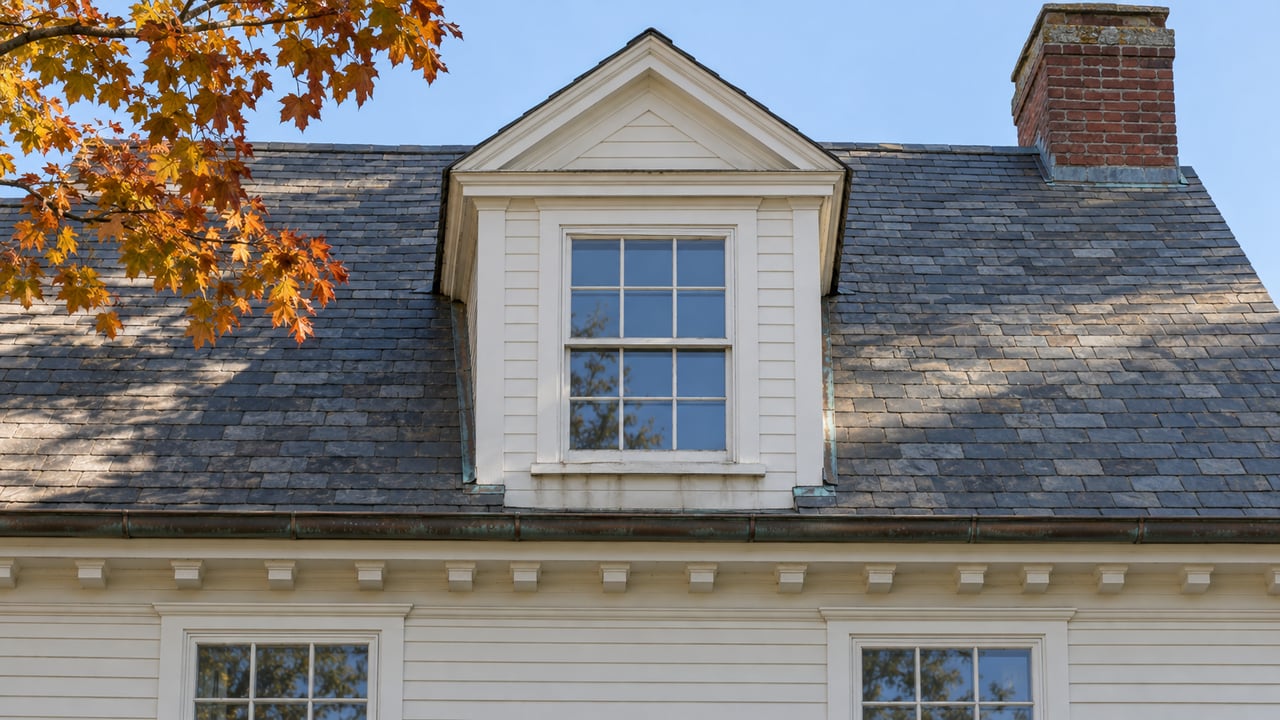 White clapboard dormer in a weathered slate roof, with a brick chimney and amber sugar maple leaves in morning sunlight.