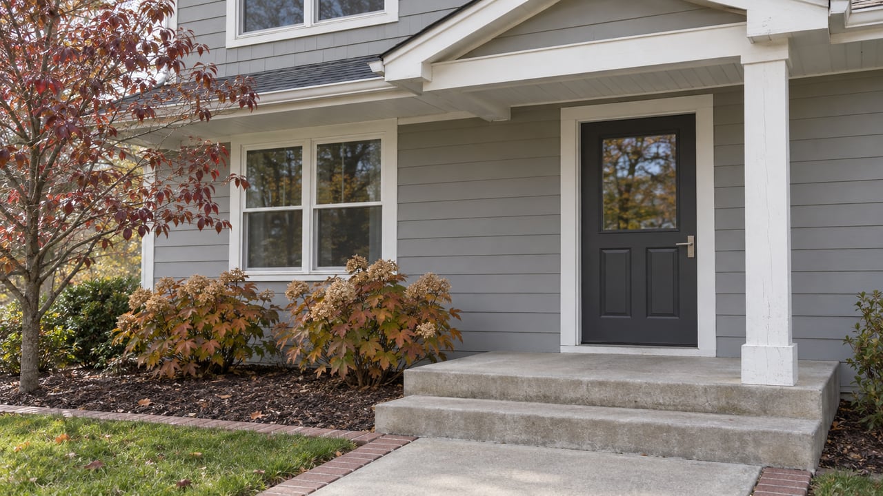 Updated gray-sided home with a covered entry, concrete steps, and autumn dogwood and oakleaf hydrangea planting.