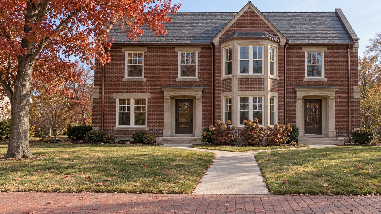 A substantial red-brick two-residence house with separate recessed entrances, a deep front lawn, and autumn maple foliage.
