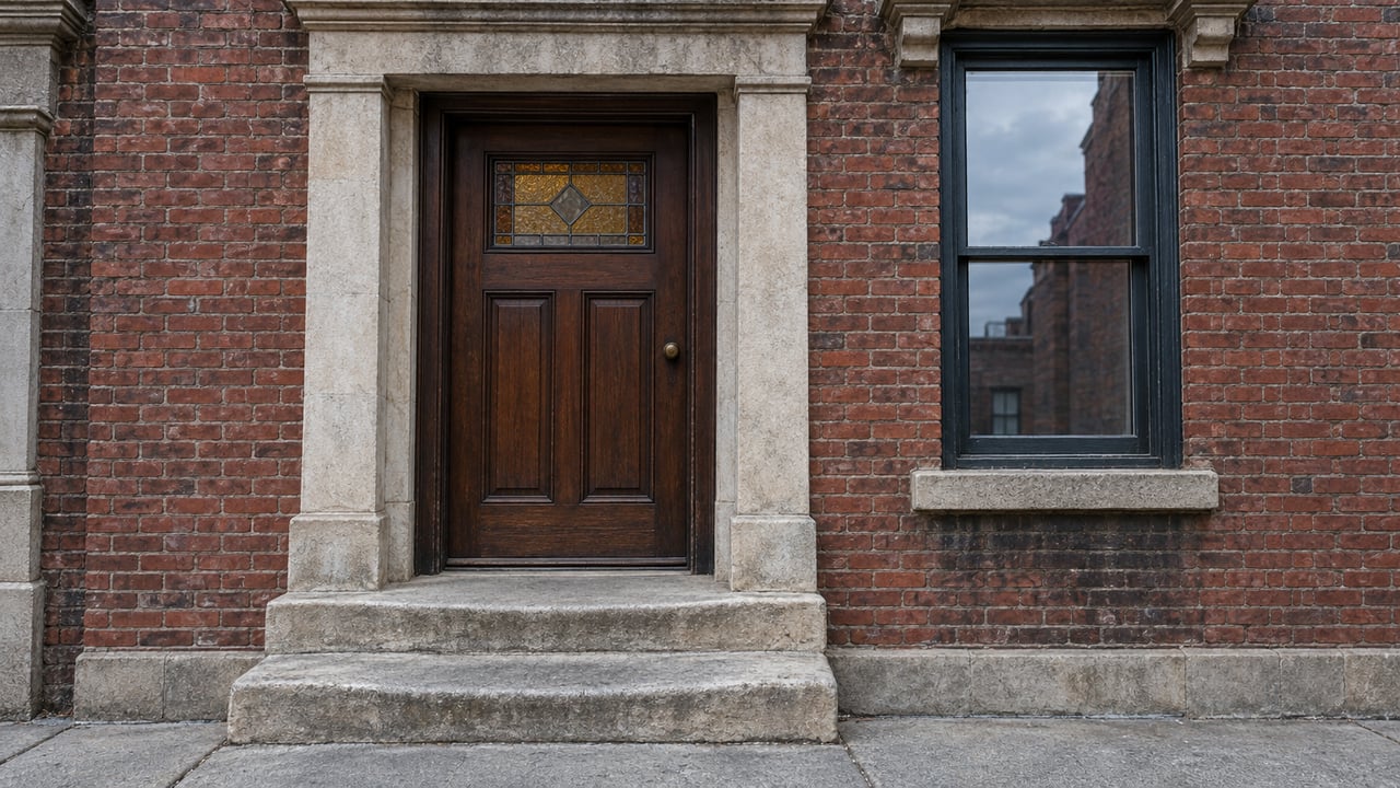 Recessed dark walnut door with stained-glass panel, limestone surround, and worn stone steps in a red-brick rowhouse.