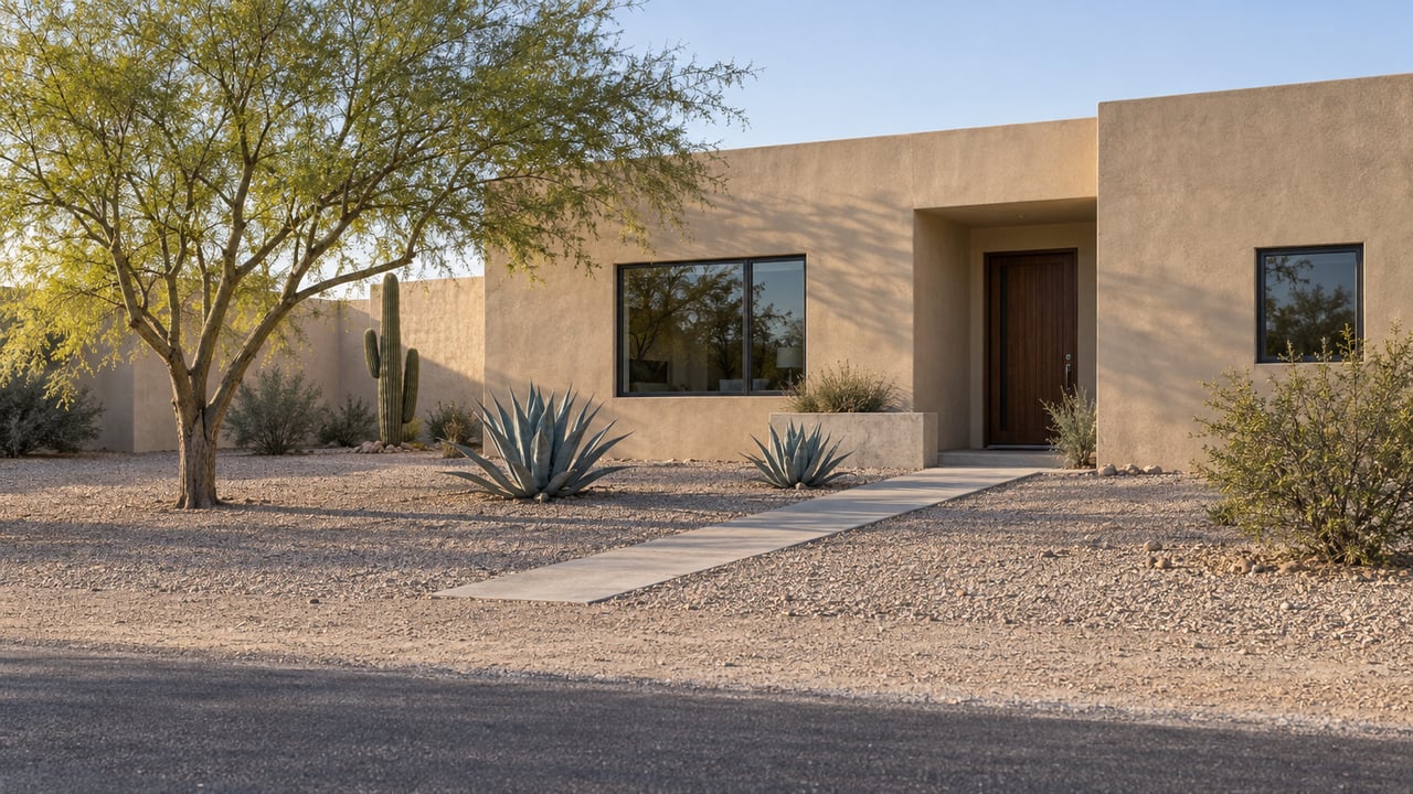Buff stucco home set back behind a gravel yard, with a diagonal concrete walk and sparse desert plants.