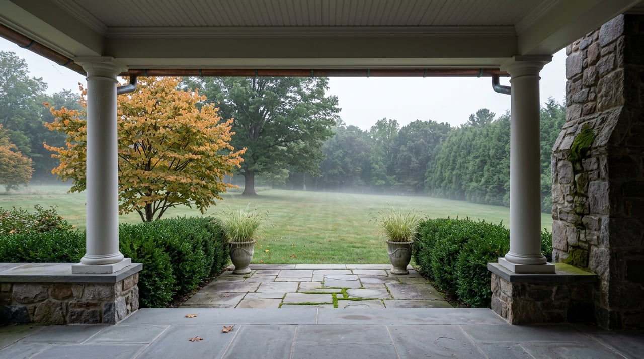 Misty estate lawn seen from a stone porch, framed by white columns, golden katsura leaves, and a distant tree line.