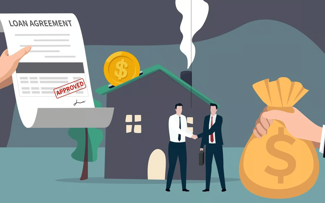 Down payment assistance illustration with an approved loan, a house, a handshake, and a money bag.