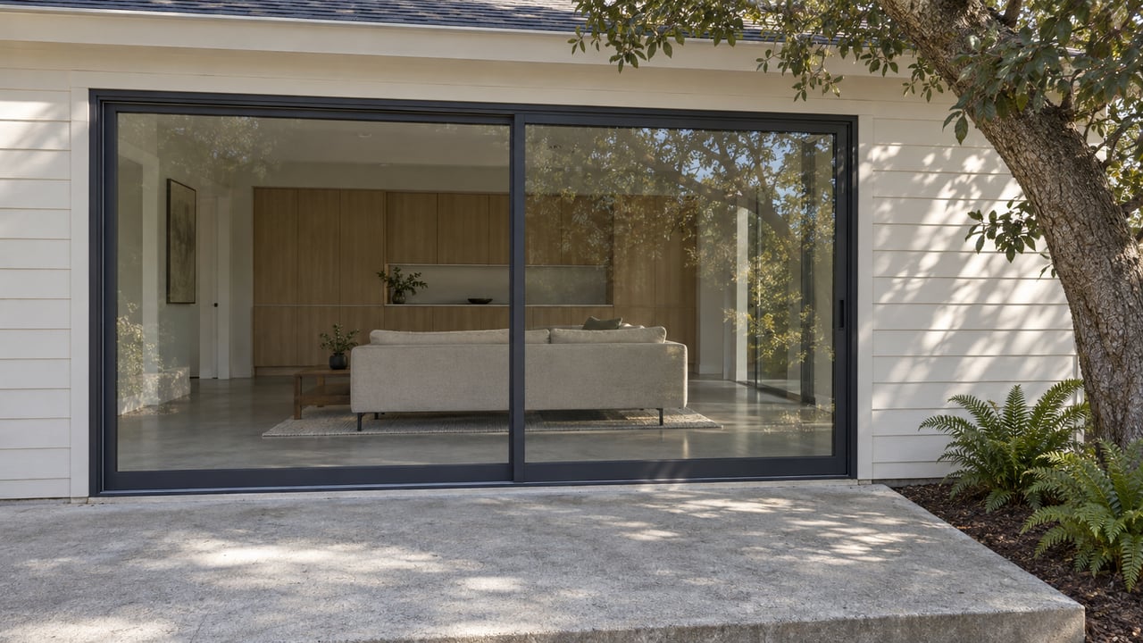 Dark-framed sliding glass doors connect a light-sided home and concrete terrace beside a mature oak and two ferns.