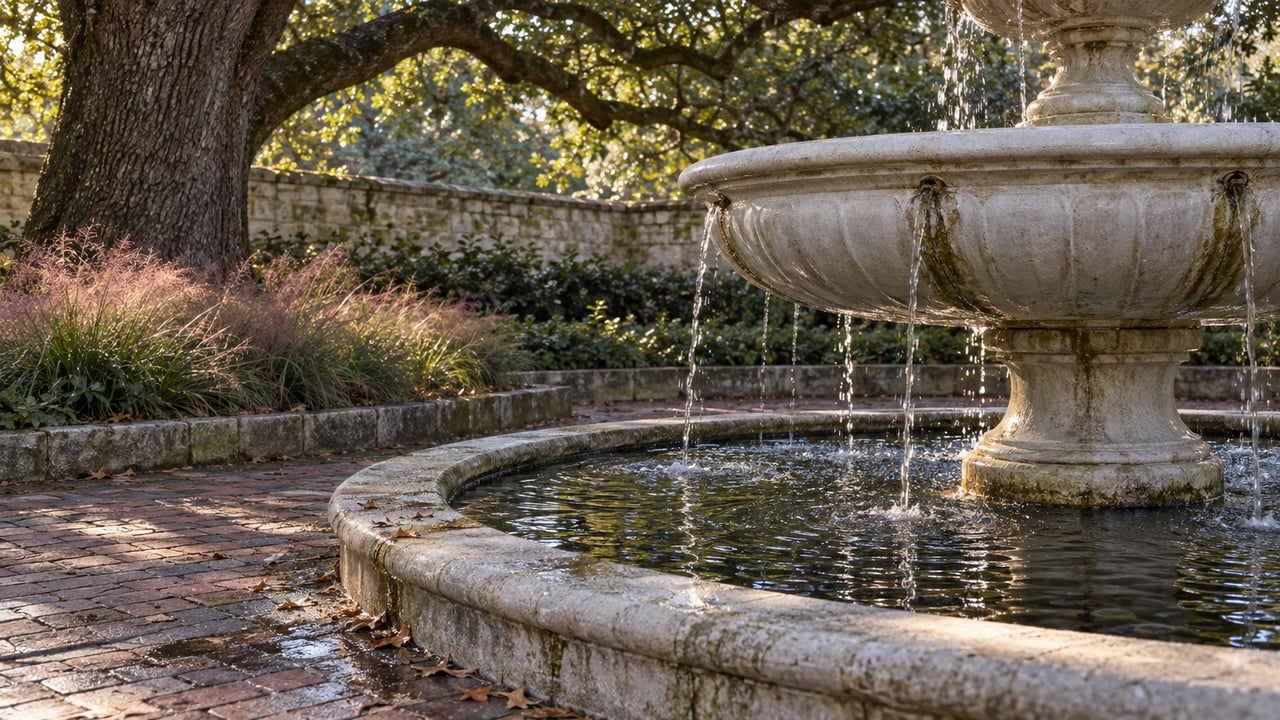 Cropped white stone fountain beneath a live oak, with dark water and brick paving.