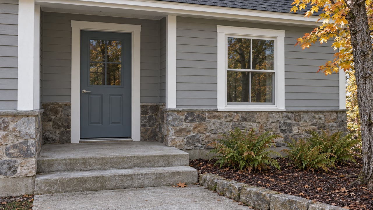 Close exterior view of a woodland home's recessed blue-gray door, gray siding, fieldstone base and concrete entry steps beside autumn maple leaves and ferns.