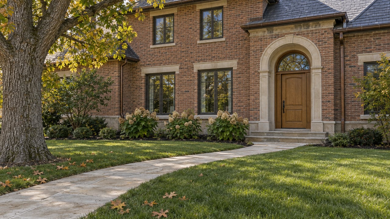 Russet brick home with an arched oak entry, limestone window trim and a sandstone walk beside a mature oak and autumn hydrangeas.