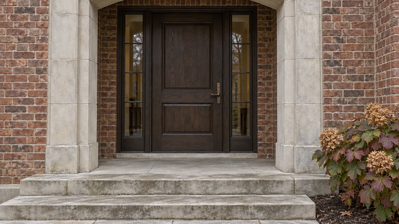 Recessed oak front door with matching sidelights, weathered brick and limestone steps beside an autumn oakleaf hydrangea.