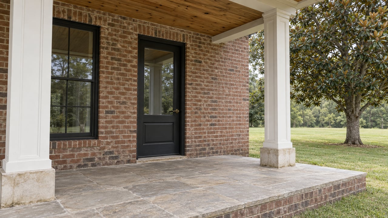 Brick home entry beneath a timber-lined porch, with white columns, limestone paving and a mature magnolia beside the lawn.