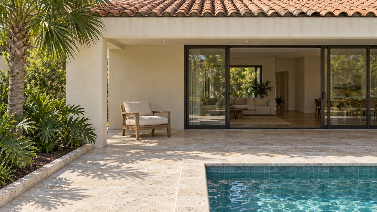 Cream stucco home with a clay tile roof, shaded travertine lanai, teak lounge chair and a blue-green pool corner beside tropical planting.