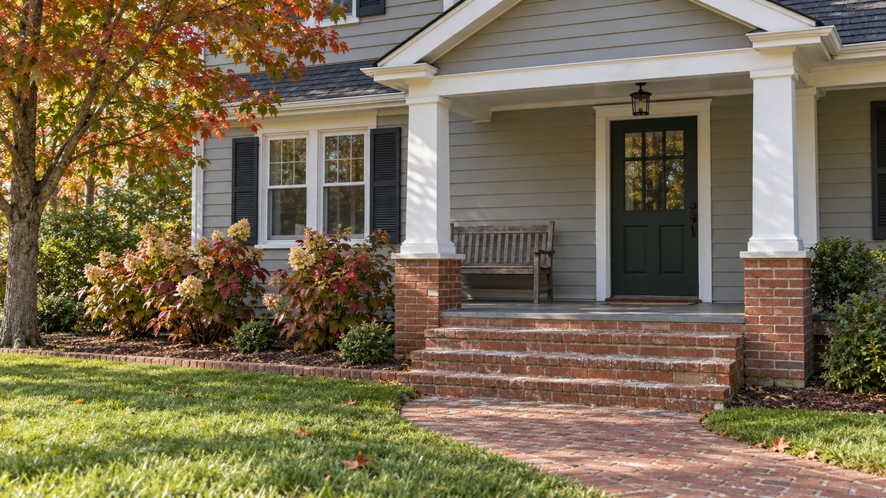 Gray clapboard home with a covered porch, brick steps and an autumn garden in afternoon sunlight.