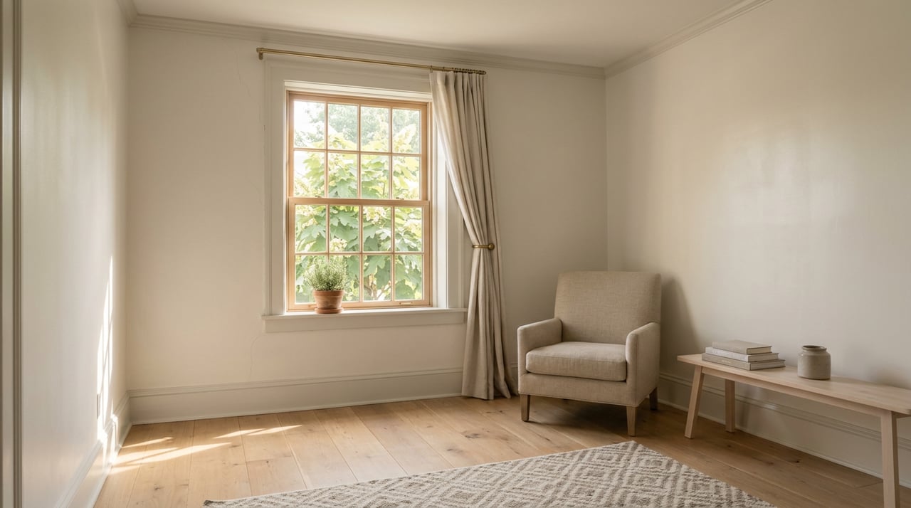 A linen armchair and pale wood bench sit beside a divided-pane sash window, with oak floors and a hydrangea outside.