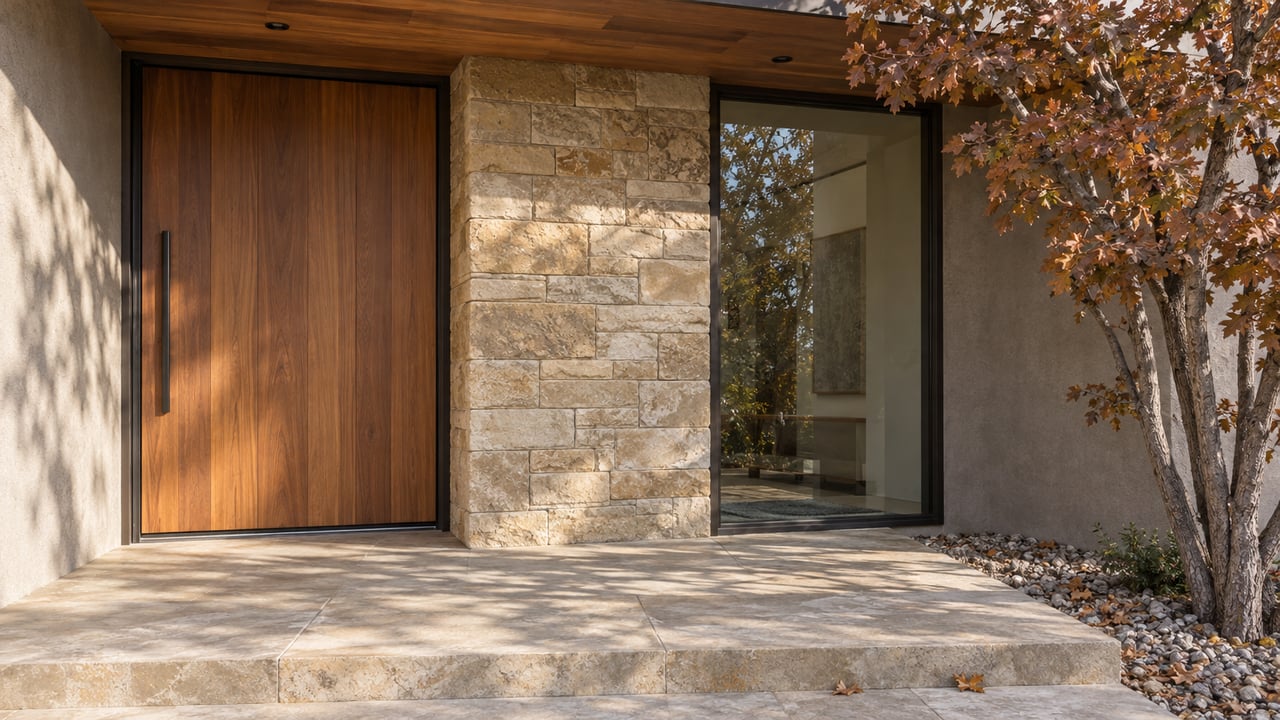 Sunlit cedar entry door and buff sandstone pier beside bronze-framed glass, with copper oak leaves above a stone landing.