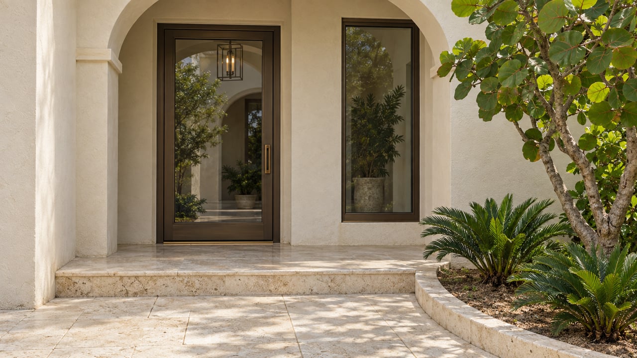 Cream stucco arched entrance with bronze-framed glass door, pale limestone steps, and sculptural sea-grape planting.
