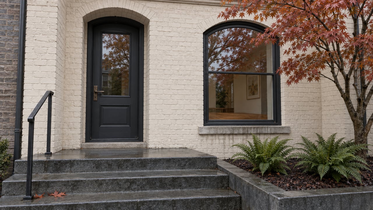 Rain-darkened basalt steps lead to an ivory painted-brick home with a charcoal door, arched window, copper-red Japanese maple, and sword ferns.