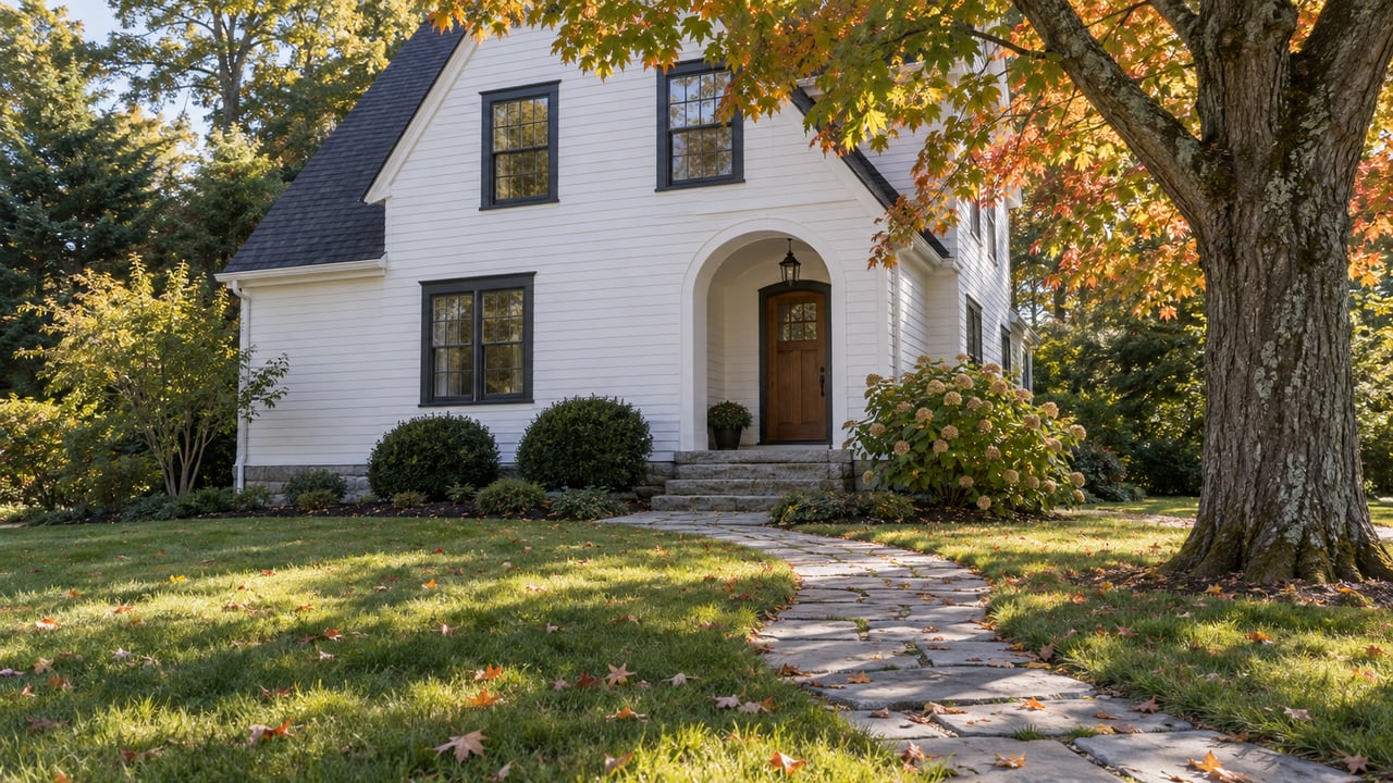 White clapboard house with an arched entry, curving lawn path, and amber-rust tree canopy.